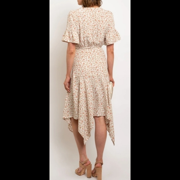 014 20 start White boho ditsy floral v-neck ruffle wrap waist midi dress - Picture 3 of 11